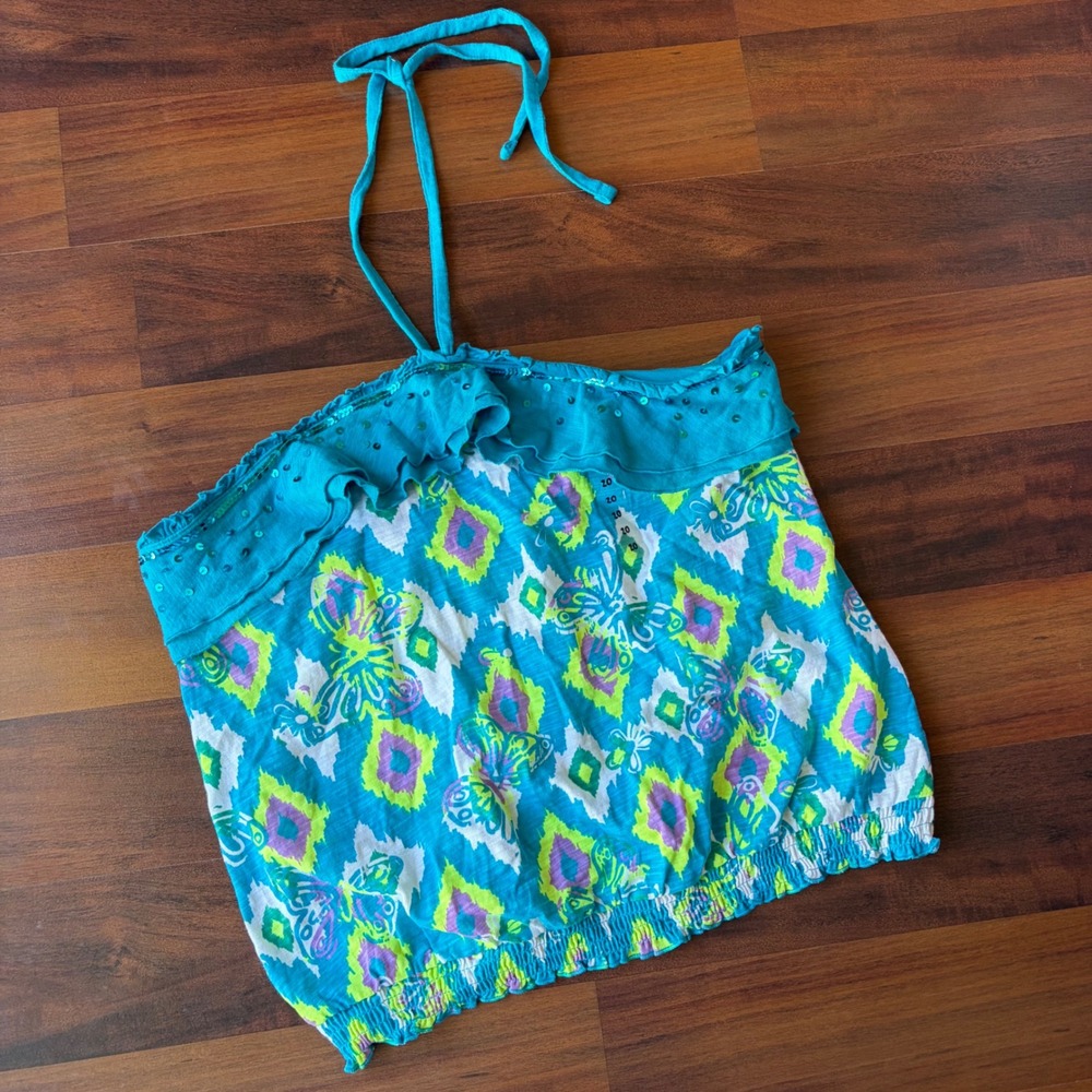 Justice Girls Turquoise Ikat Butterfly Sequin Ruffle Halter Top Size 20 NWT